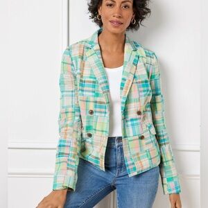 Talbots Double Breasted Madras Cropped Cotton Blazer Multicolor Pastel Size 2